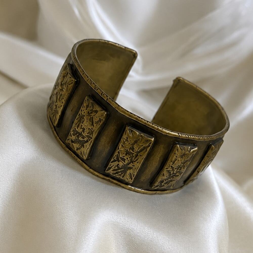 Vintage Brutalist Mixed Metal Brass Copper Artisan Cuff Bracelet Geometric